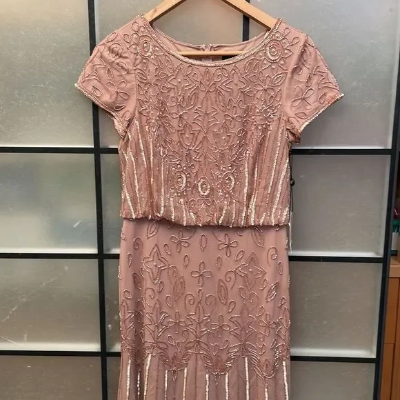 ADRIANNA PAPELL SHORT SLEEVE BLOUSON BEADED GOWN IN ROSE GOLD - Picture 8 of 14